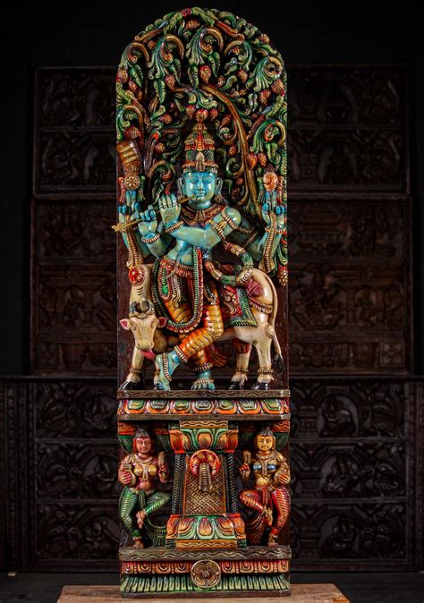 Sold Colorful Wooden Panel Krishna Statue Playing The Flute Under Lush