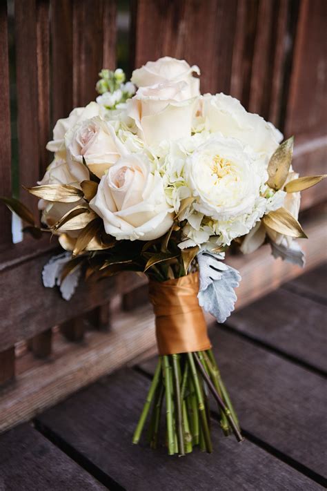 White Rose And Gold Leaf Bridal Bouquet Gold Wedding Flowers Gold