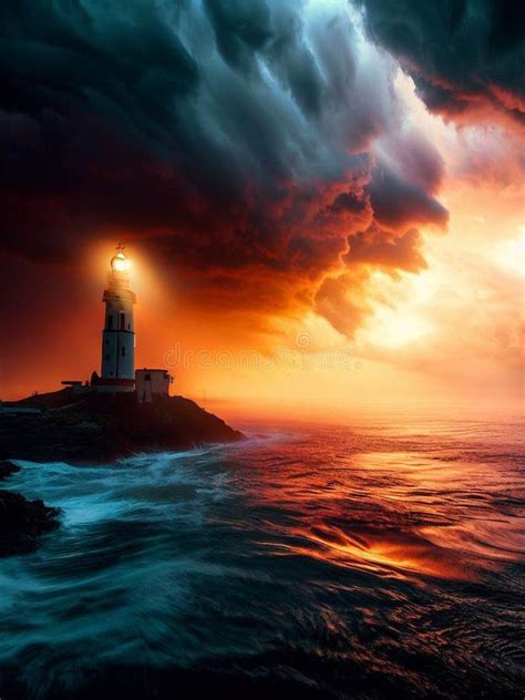 Old Lighthouse Guiding The Way In Ocean Storm Stock Image Image Of