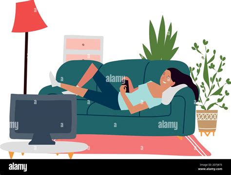 Girl Lying On Sofa With Smartphone In Room Indoor Activities Vector