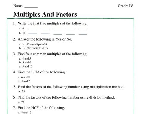 Factors And Multiples Class 4 Worksheets With Answers
