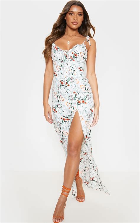 white floral print tie strappy midi dress prettylittlething