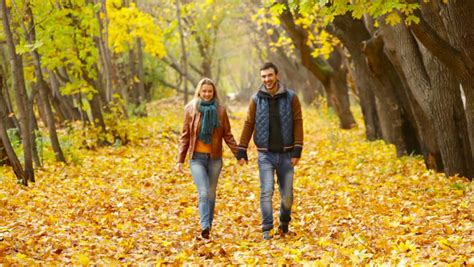 Young Happy Couple Walking In Beautiful Autumn Park Stock Footage Video