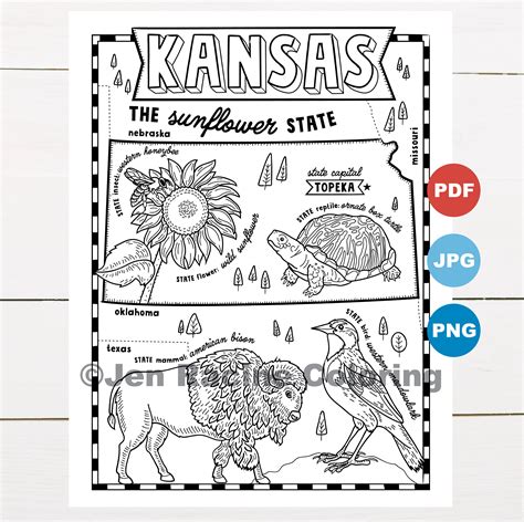Kansas Coloring Page United States State Map Wildlife State Symbols