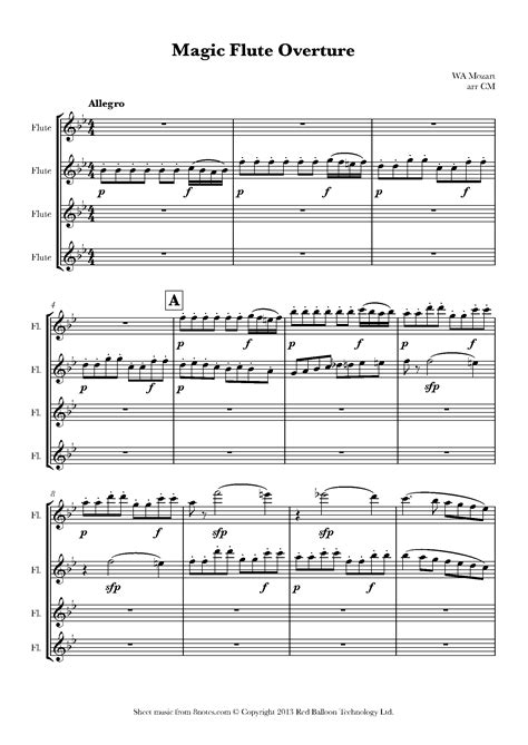 Mozart Magic Flute Overture Sheet Music For Flute Quartet