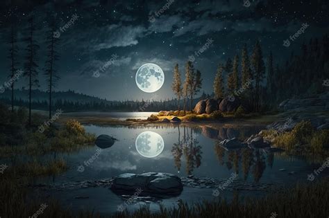 Premium Photo Night Landscape Full Moon Reflected In The Lake