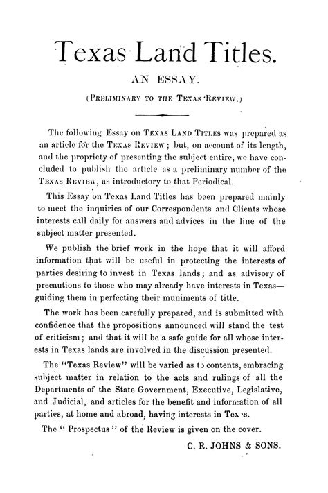 Texas Land Titles An Essay Preliminary To The Texas Review The