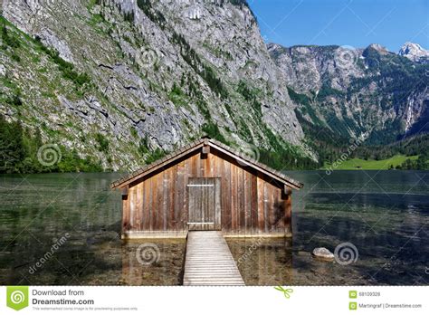 Boathouse In Alpine Mountain Lake Scenery Stock Photo Image 68109328