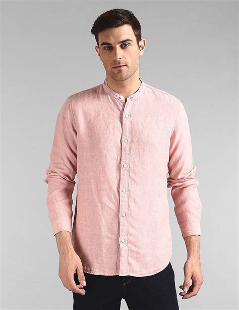Buy Gap Men Pink Linen Band Collar Shirt