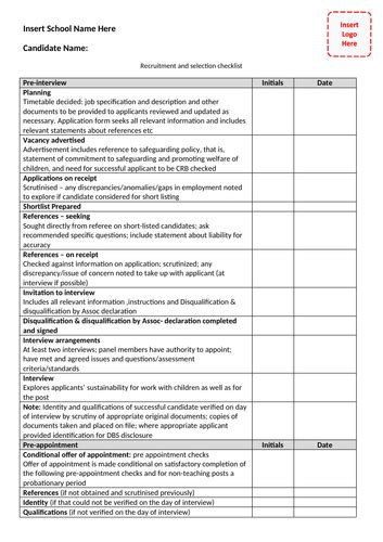 Recruitment And Selection Checklist 2019 Teaching Resources