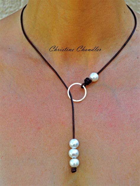 Pearl And Leather Necklace Sterling Silver Circle Leather Etsy