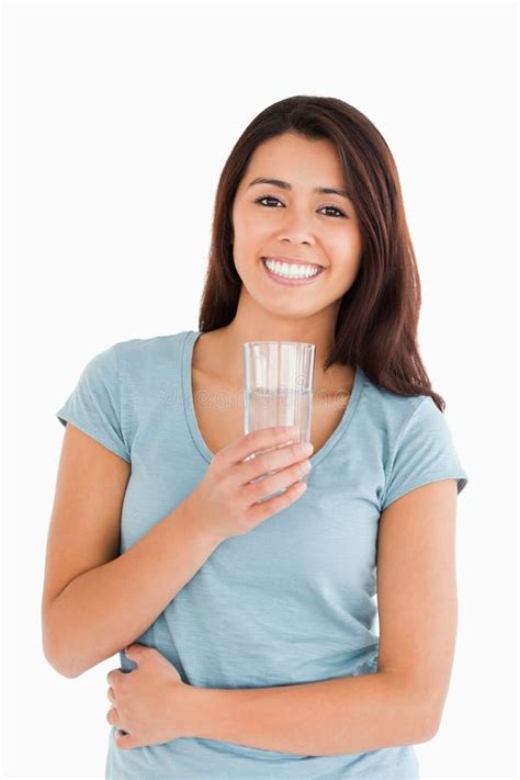 2778 Smiling Woman Drink Water Glass White Background Stock Photos