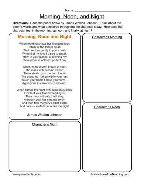 Morning Noon Or Night Poem Worksheet By Teach Simple