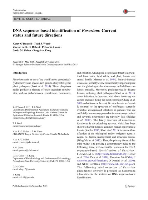 Pdf Dna Sequence Based Identification Of Fusarium Current Status And