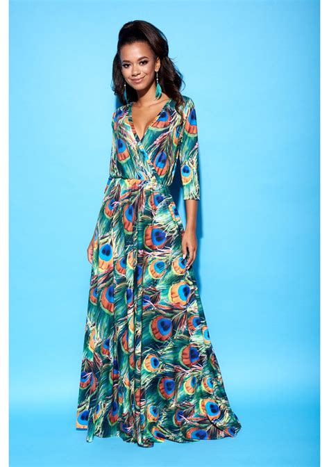 maxi dress in peacock feathers print mosquito