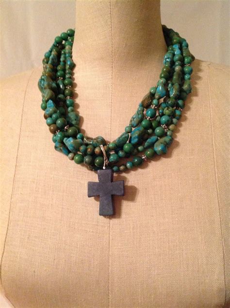 Turquoise Silver Multi Strand Necklace With Removable Cross Etsy