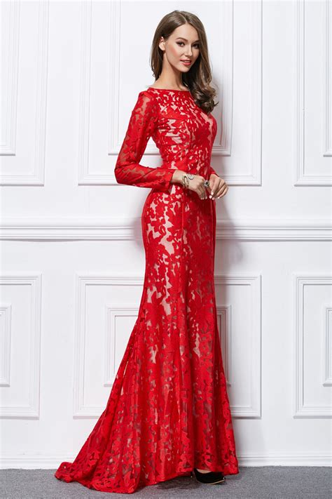 Trumpet Mermaid Red Lace Long Sleeve Formal Evening Dresses