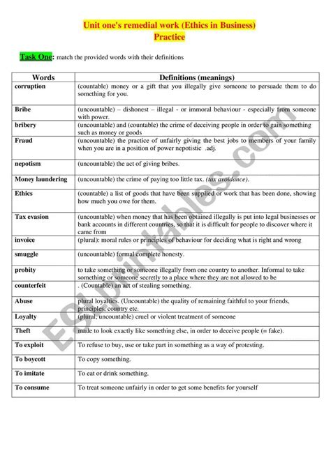 Unit oneï½s remedial work Ethics in Business ESL worksheet by nounaone Phonics
