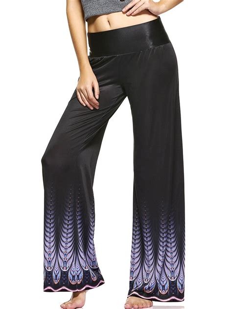Black Fashionable Elastic Waist Printed Loose Fitting Pants For Women