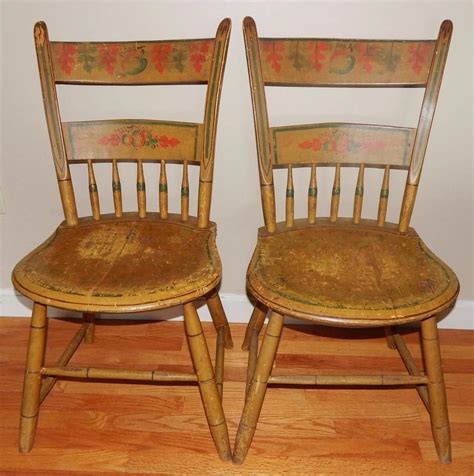 Pair Of Antique 19th C Paint Decorated Thumb Back Windsor Side Chairs