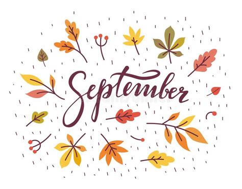 September Word Handwritten Lettering In Colorful Autumn Leaves Wreath. - Vector Illustration 
