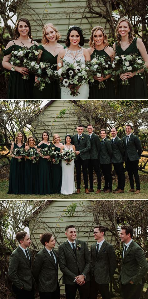 Modern Vintage Bridal Party With Groomsmen In Forest Green Tweed