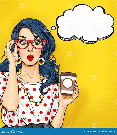 Pop Art Girl With Coffee Cup In Glasses With Thought Bubble Party Invitation Birthday Card