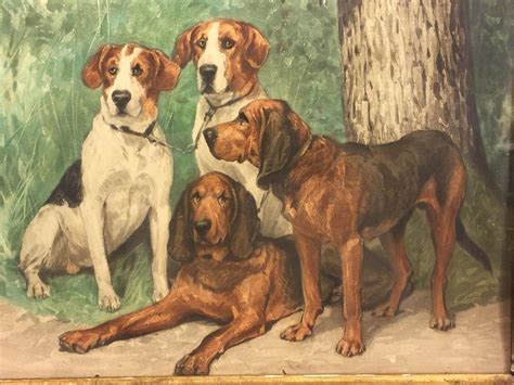 Antique Watercolor Painting Of 4 Hunting Dogs W Horn And Military From