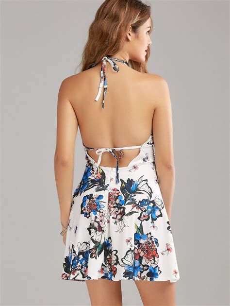 Backless Halter Neck Floral Mini Summer Dress Butterfly Print Dress Floral Print Dress Trendy