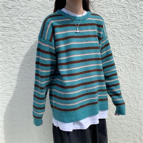 Itgirl Shop Korean Aesthetic Round Neck Striped Knitted