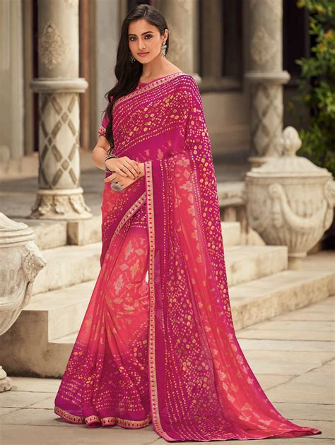 Pink Shaded Chiffon Silk Bandhani Print Saree With Lace Party Wear Sarees Print Chiffon