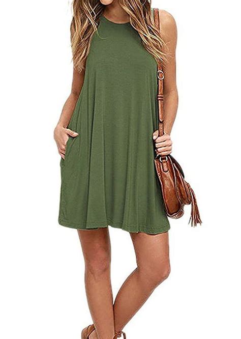 Womens Sleeveless Pockets Casual Swing T Shirt Cap Dress Mini Shirt