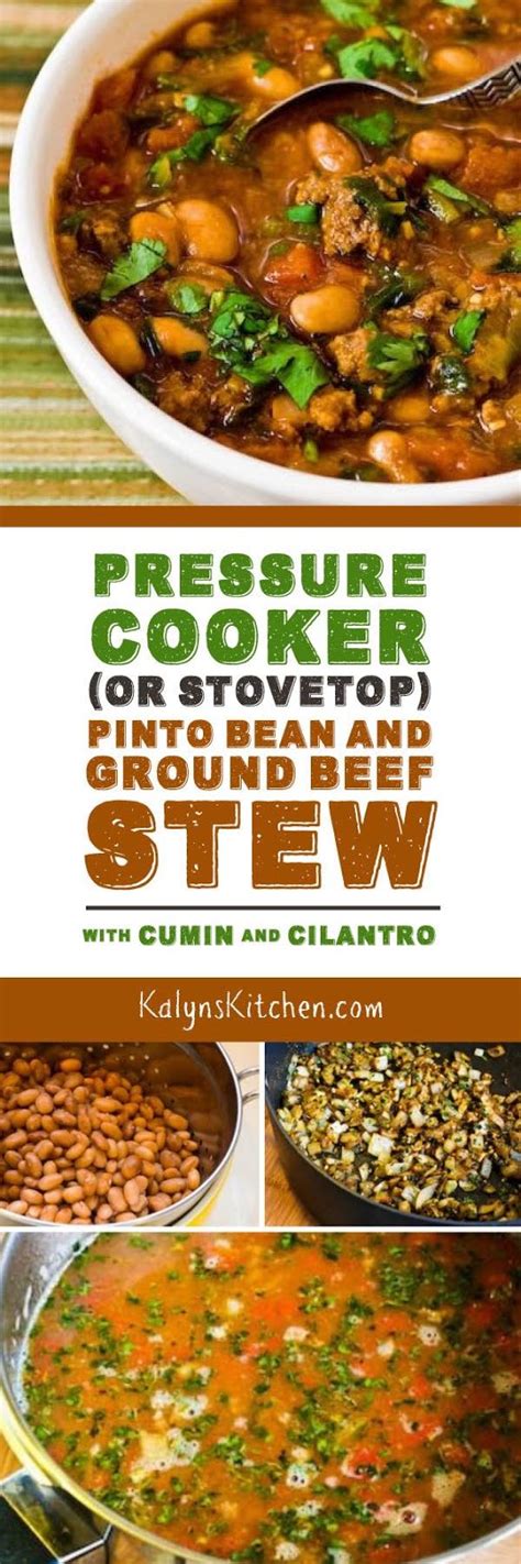 Baked beans are a favorite dish to take along on a picnic or serve at a backyard barbecue. Pressure Cooker (or Stovetop) Pinto Bean and Ground Beef Stew with Cumin and Cilantro - Kalyn's ...