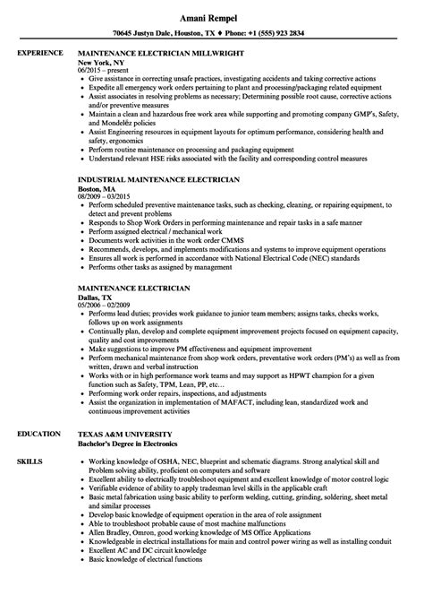Perform general and electrical repair to production and facility equipment. Sample Resume Of Electrician Maintenance