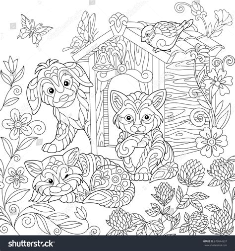 Download Coloring Page Puppy Cat Sparrow Bird Stock Vector ...