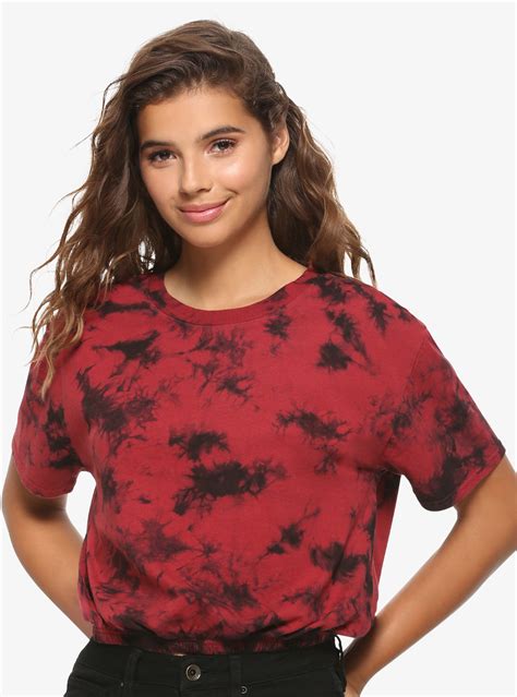 Black And Red Tie Dye Elastic Waistband Girls Crop T Shirt Dyed Tips Tie Dye Outfits Bleach Dye