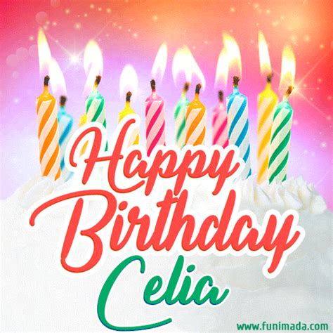 Happy Birthday  For Celia With Birthday Cake And Lit Candles