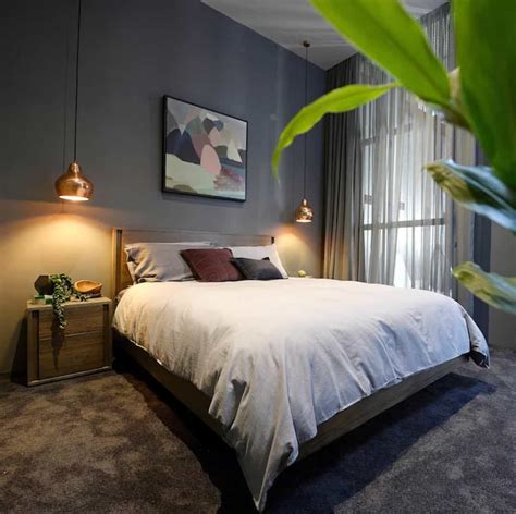 Bedroom With Grey Color And Hanging Copper Pendant Bedside Lamps