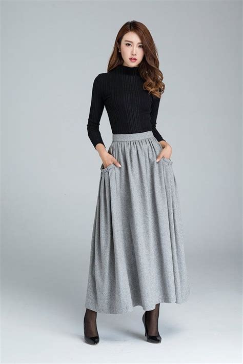 Wool Skirt Maxi Skirt Light Grey Skirt Womens Skirts With Two Big