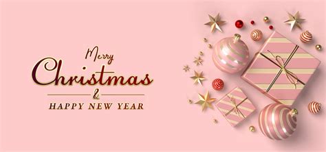 Merry Christmas And Happy New Year Banner Realistic Pink T Boxes And