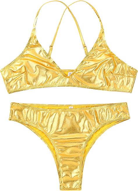 women s metallic 2 piece triangle bikini set sexy liquid thong monokini shiny swimwear
