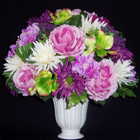 Silk Flower Arrangement Pink Cabbage Roses White Vase