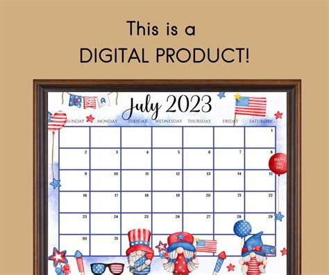 Editable July 2023 Calendar 4th July Independence Day With Etsy