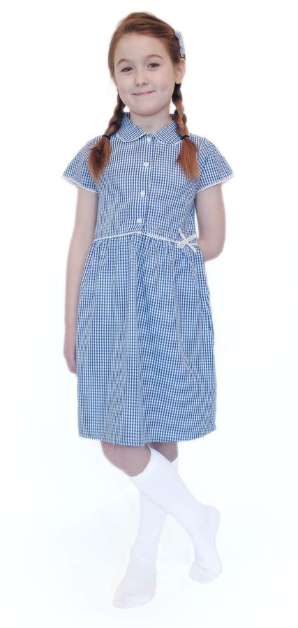Girls Gingham Checked Summer School Dress Blue Junior