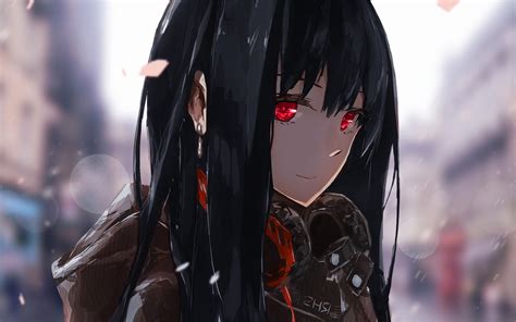 Anime Headphones Red Eyes Black Hair Anime Girls