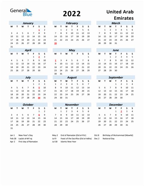 2022 Yearly Calendar For United Arab Emirates With Holidays
