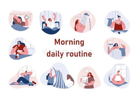 Woman Is Doing Her Morning Routine Set Of Vector Illustrations In Flat