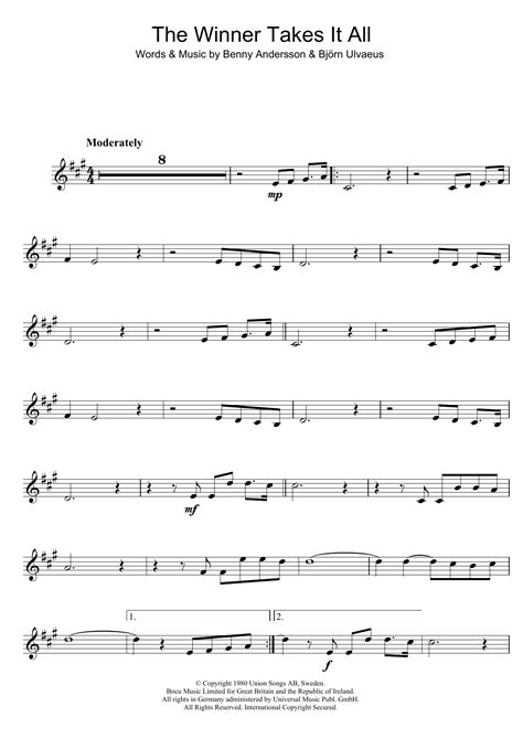 The Winner Takes It All Sheet Music Abba Clarinet Solo