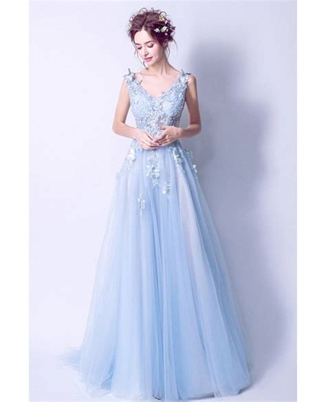 Elegant V Neck Light Blue Prom Dress Long With Floral Beading Agp18104
