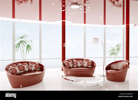 White Red Interior With Two Sofas And Armchair 3d Render Stock Photo